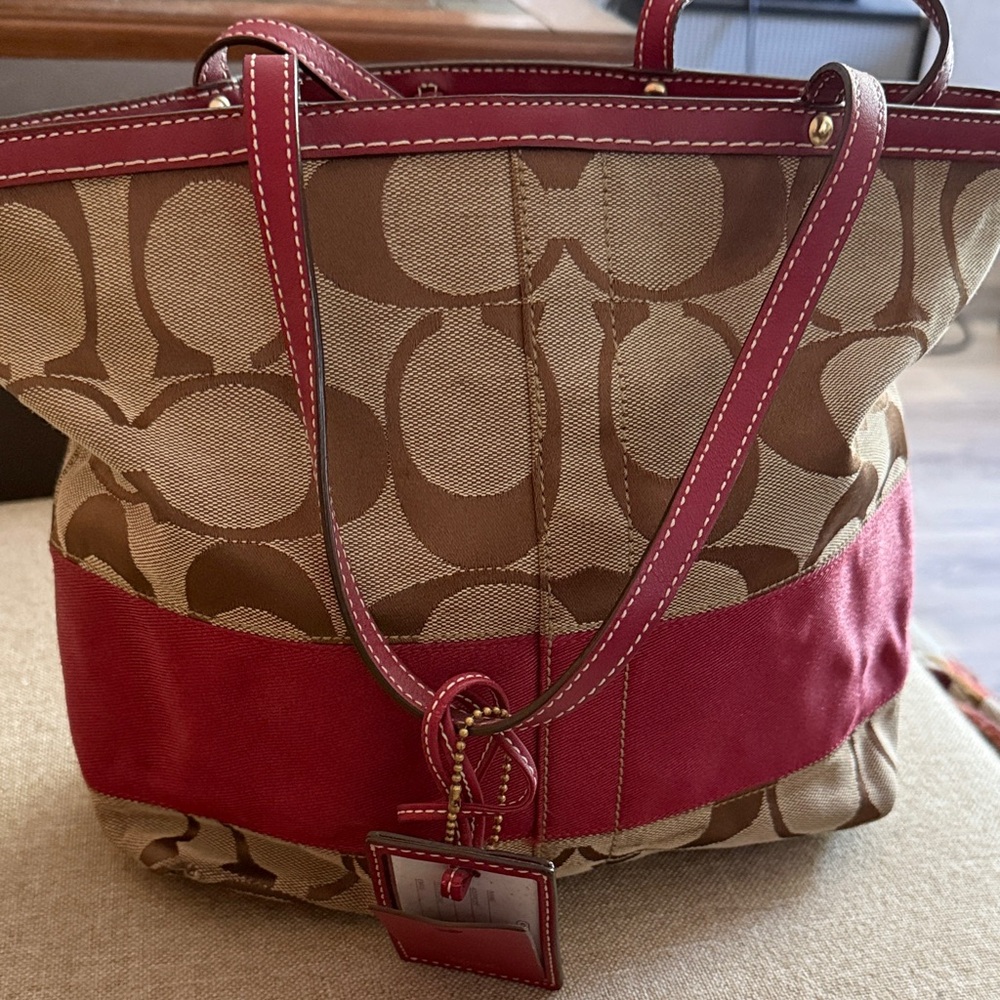 Coach Signature Small Tote Bag - Red and Tan